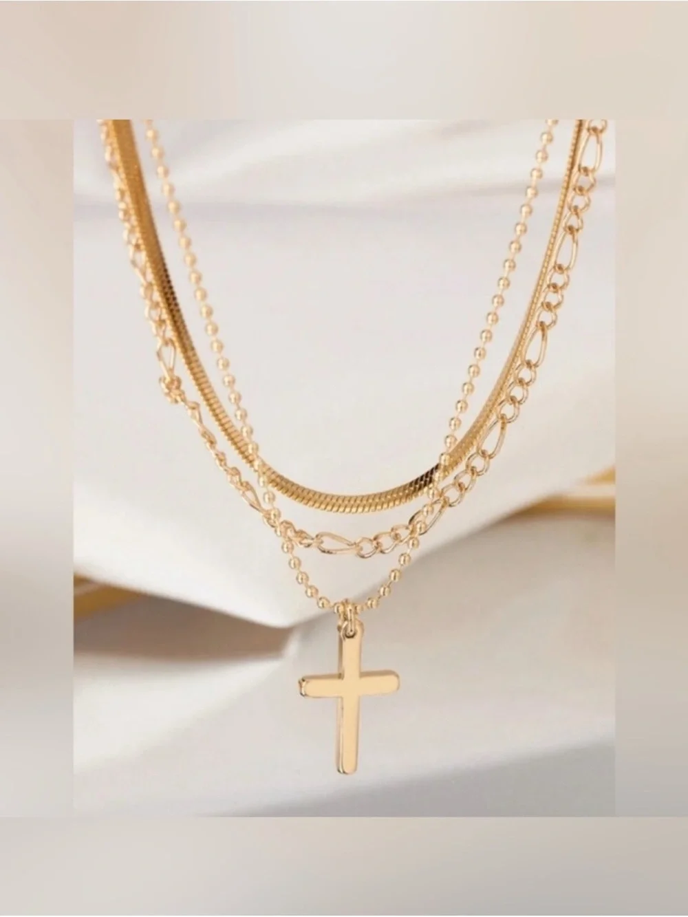 Gold Plated Stainless Steel 3pc Cross Herringbone Necklace Set